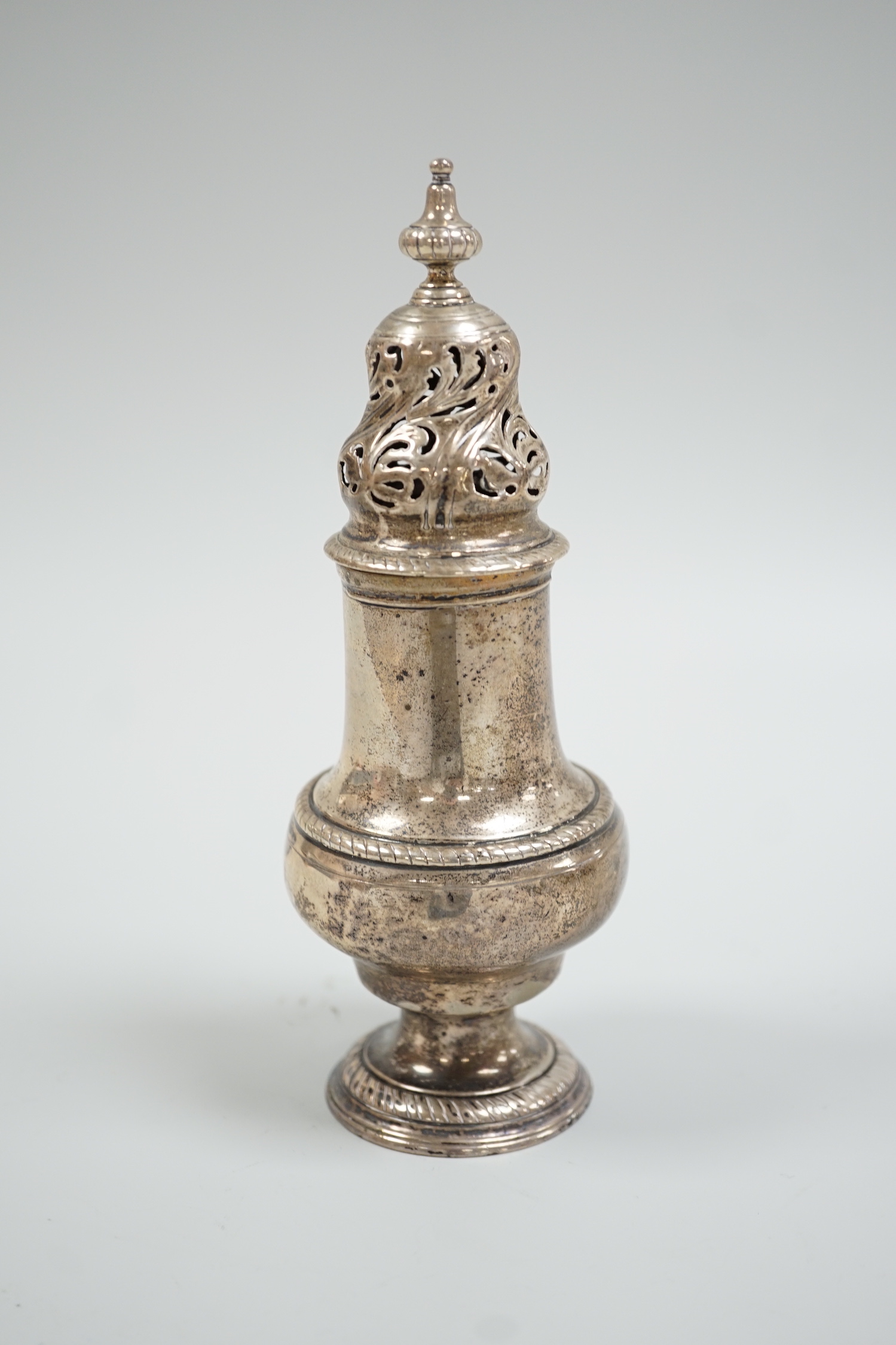 A George III silver baluster sugar caster, T & J Daniell, London, 1772, 18.7cm, 8.2oz.